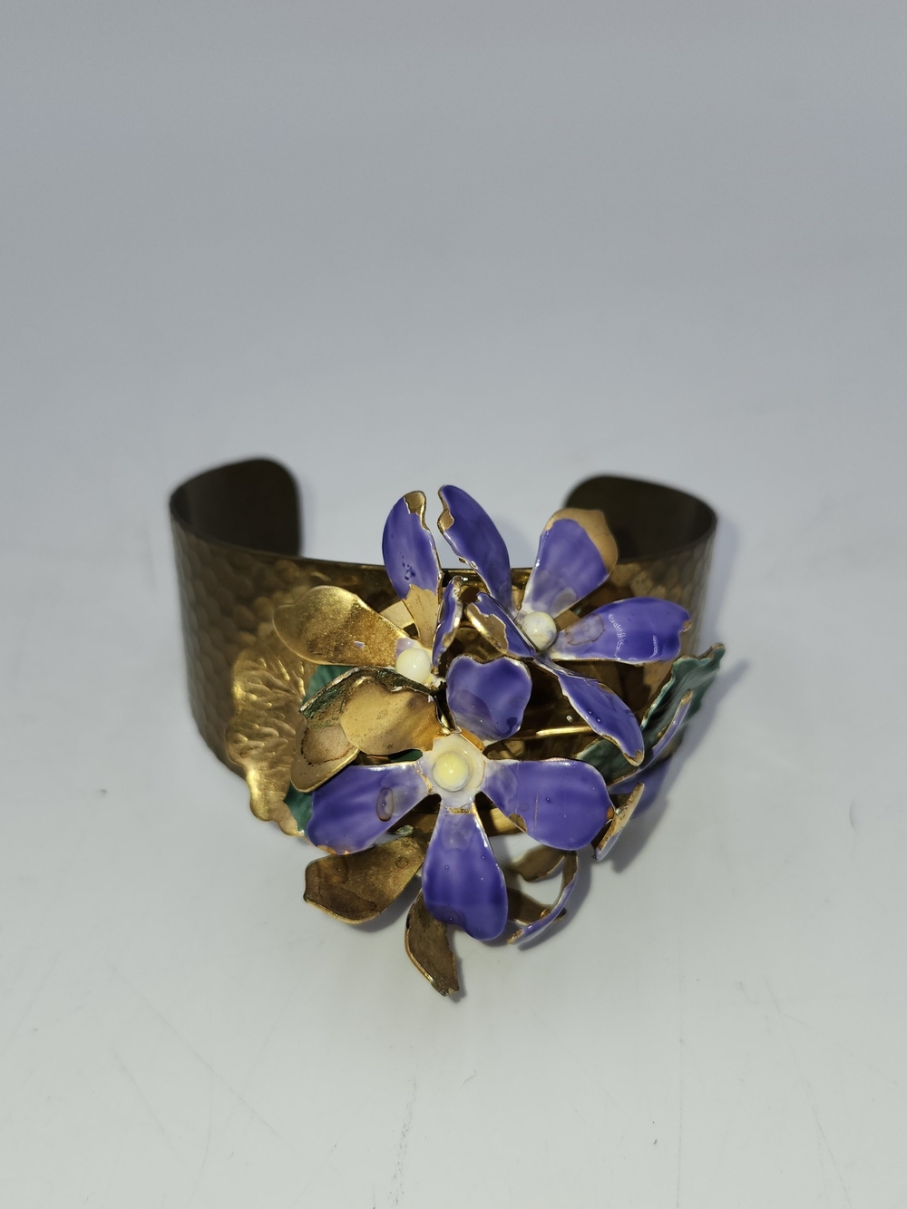Enamel hammered copper  Flower 3D bangle pansy  Cuff Bracelet